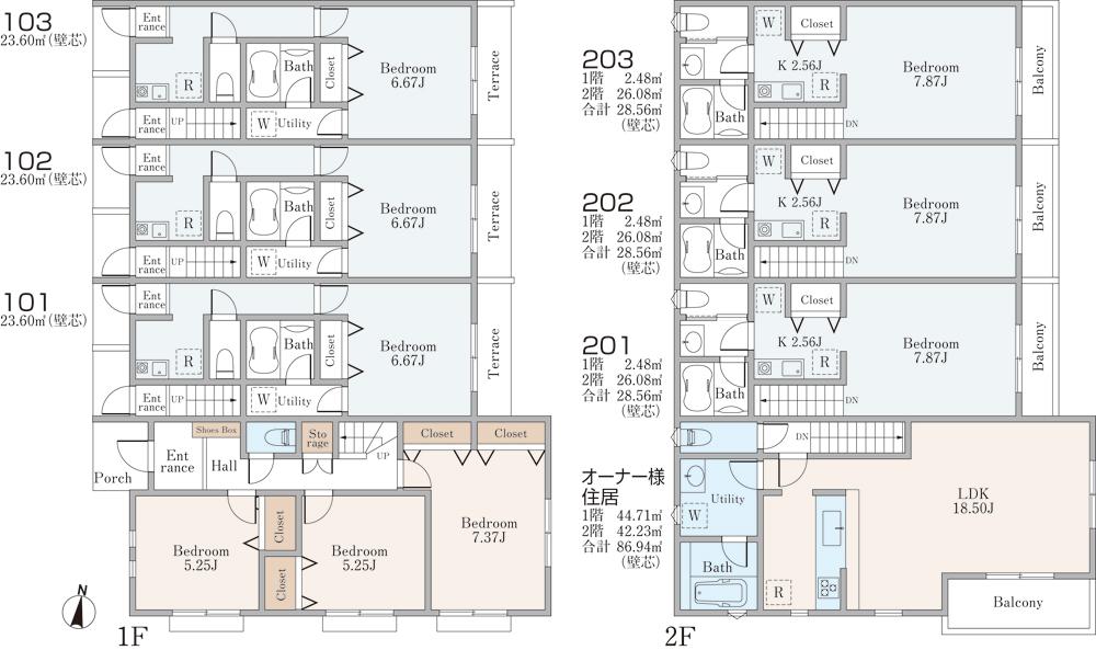 Building plan example (floor plan). Rent combination housing plan 243.45 sq m  Inner 86.94 sq m owner dwelling unit