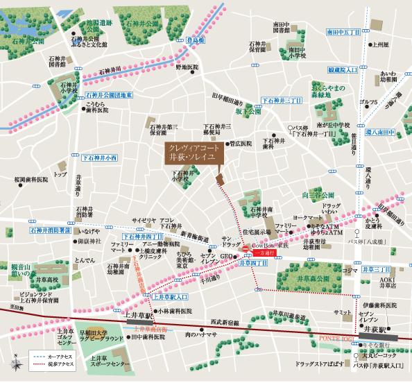 Local guide map. Seibu Shinjuku Line "Iogi" station ・ "Kamiigusa" station, Seibu Ikebukuro Line, Fukutoshin, Yurakucho "Shakujii Park" 3 station 4 routes accessible station. Local neighborhood life convenience facility of enhancement favorable environment (local guide map)