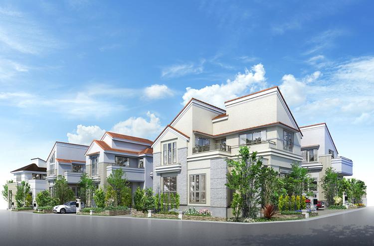 Chalk of the residence shine in blue sky site area of ​​100 sq m or more, Ensure the room of up to 120 sq m more than. Arranged such as "Pinkamajoru", "Kalmia" "daphne" in planting continuing around, Create a new landscape to become the city (streets Rendering)