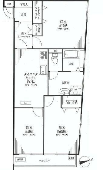 Floor plan. 3DK, Price 18,800,000 yen, Occupied area 62.73 sq m , Balcony area 4.9 sq m