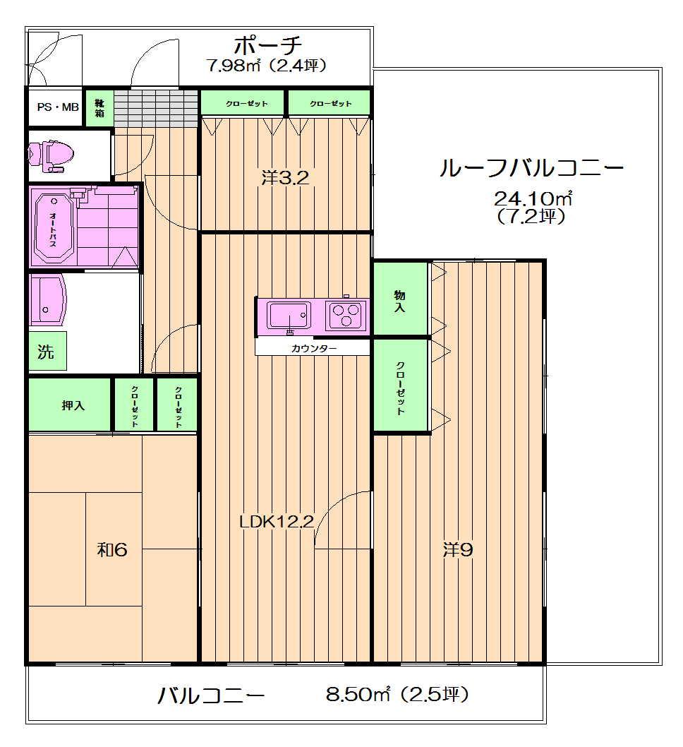 Floor plan. 3LDK, Price 32,800,000 yen, Occupied area 70.38 sq m , Balcony area 8.5 sq m