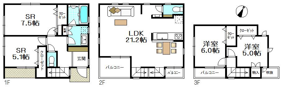 Floor plan. (D Building), Price 61,800,000 yen, 2LDK+2S, Land area 99.81 sq m , Building area 105.09 sq m