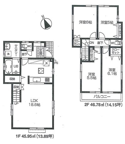 Floor plan. 53,800,000 yen, 4LDK, Land area 95.01 sq m , Building area 92.73 sq m