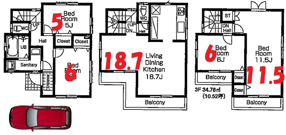 Floor plan. (1 Building), Price 52,800,000 yen, 4LDK, Land area 75 sq m , Building area 107.64 sq m