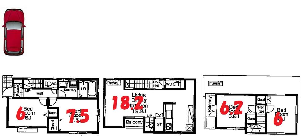 Floor plan. (3 Building), Price 44,800,000 yen, 4LDK, Land area 80.02 sq m , Building area 101.42 sq m
