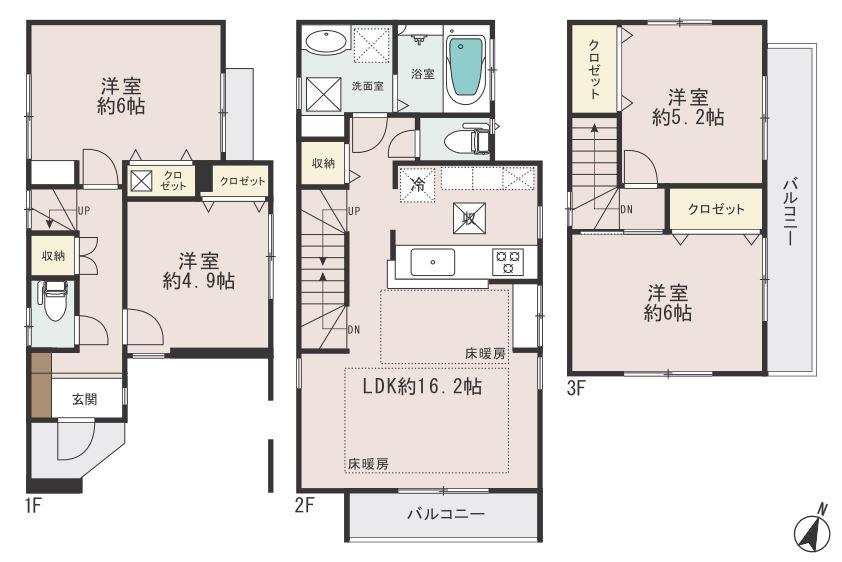 Floor plan. (1 Building), Price 56,800,000 yen, 4LDK, Land area 75.09 sq m , Building area 92.94 sq m
