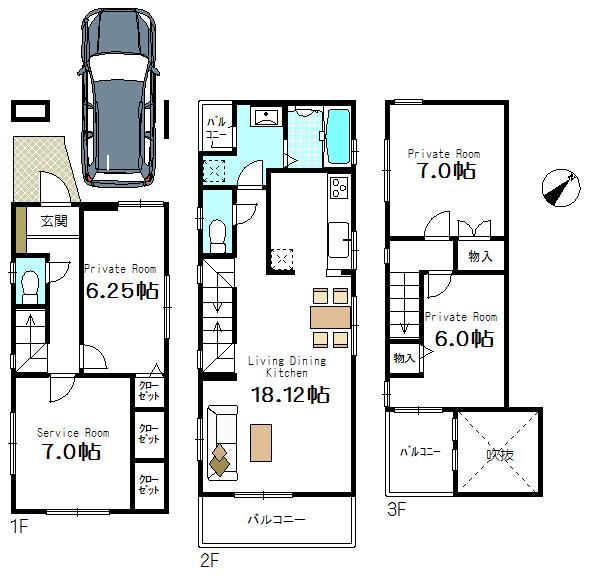 Floor plan. (C Building), Price 57,800,000 yen, 3LDK+S, Land area 76.53 sq m , Building area 109.54 sq m