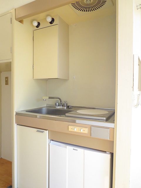 Kitchen. IH cooker and mini fridge.