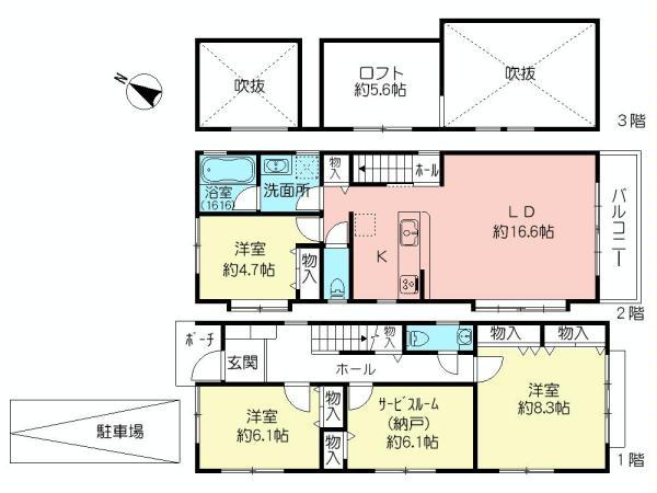Floor plan. (B Building), Price 59,800,000 yen, 3LDK+S, Land area 106.24 sq m , Building area 101.47 sq m