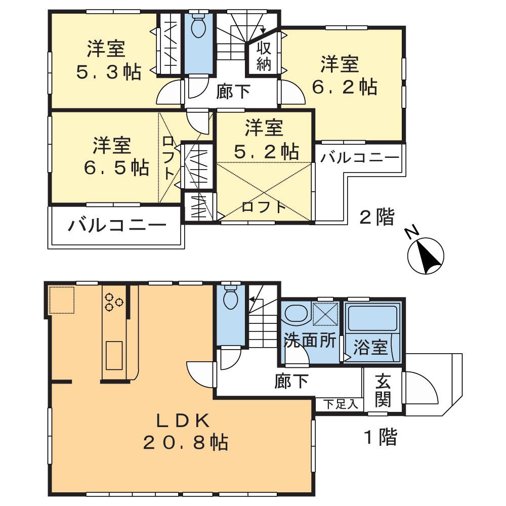 Floor plan. (Building 2), Price 48,500,000 yen, 4LDK, Land area 100 sq m , Building area 98 sq m