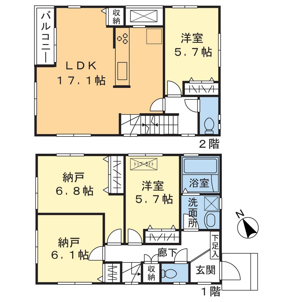 Floor plan. (5 Building), Price 45,800,000 yen, 2LDK+2S, Land area 100 sq m , Building area 97.47 sq m