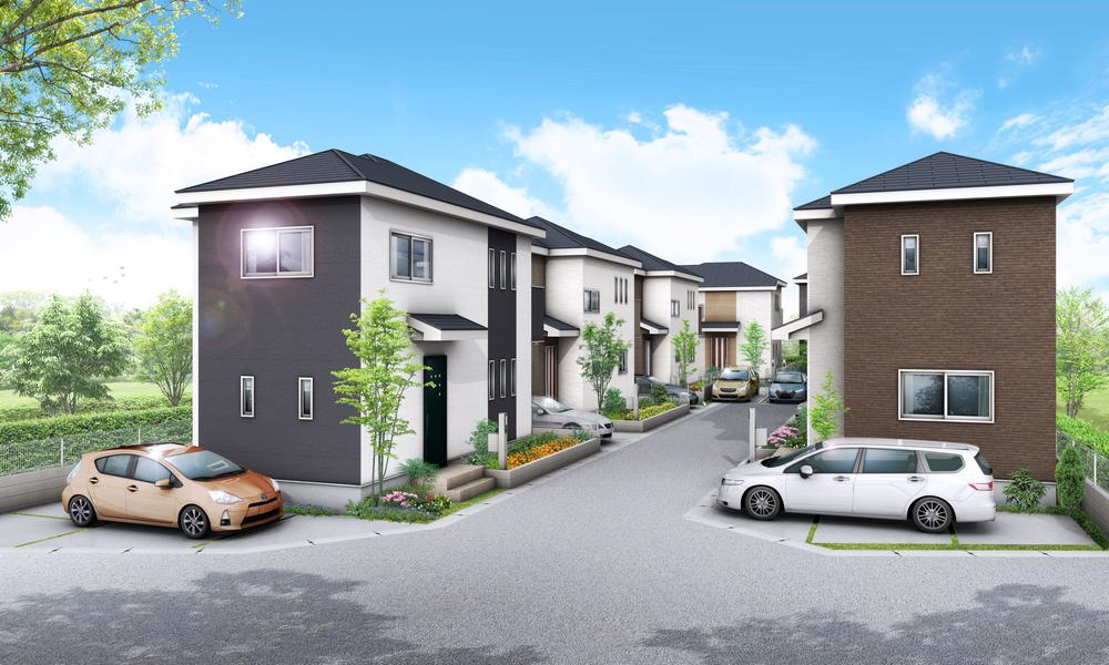 Rendering (appearance). All six buildings of new construction sale mansion nestled in Oizumi parkland spread of fresh green. Calm two-tone color scheme will form a gentle skyline.