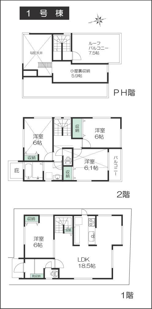 Floor plan. (1 Building), Price 59,800,000 yen, 4LDK, Land area 104.41 sq m , Building area 99.94 sq m