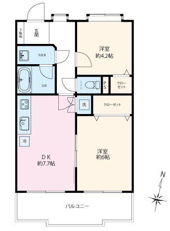 Floor plan. 2DK, Price 23.8 million yen, Occupied area 44.16 sq m , Balcony area 7.63 sq m