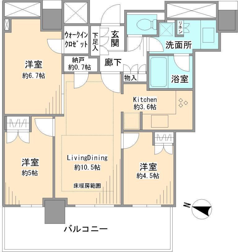 Floor plan. 3LDK, Price 55,800,000 yen, Occupied area 68.45 sq m , Balcony area 13.23 sq m