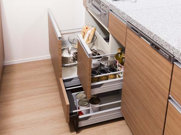 Kitchen.  [Soft-close slides storage] Kitchen adopts slide store which pulled out as far as it will go. Soft-close function with a closing slowly smooth.