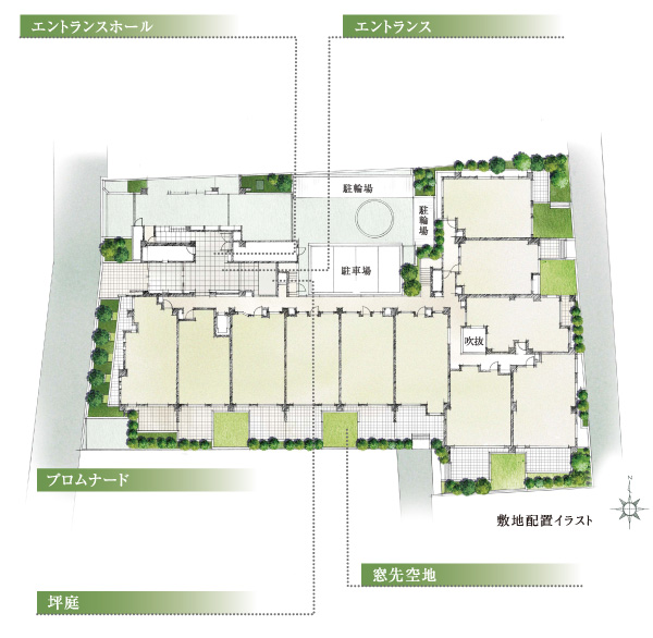 Shared facilities.  [South-facing the center of the plan] Taking advantage of the long site shape in east and west, Light that pours down the reunion scene of the family have adopted a distribution building planning of the south-facing center to direct. Also, South ・ On the side of the terrace facing the east side, Established a Madosaki open space. east ・ South ・ Since the three sides of the west is in contact with the road, The event of evacuation also smooth.