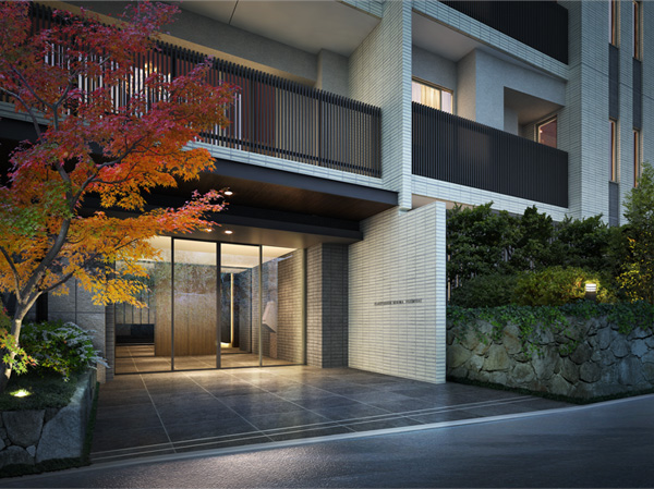 Shared facilities.  [Entrance Rendering CG] Chihi kind in vestibule ・ Shrub ・ Remembering depth by arranging a well-balanced Nakaki, Covering a soft vestibular thinly in a large eaves, Facade representing the fluctuation in the shade.