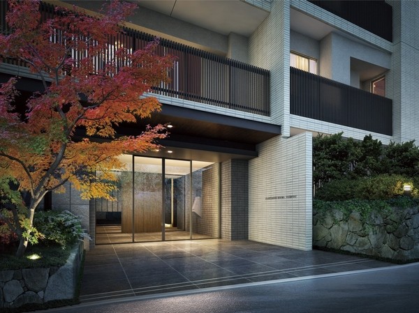 Building structure. Entrance the design of the room remembering the depth from the front road. Rich planting is accompanied by a color, including the maple (entrance Rendering)