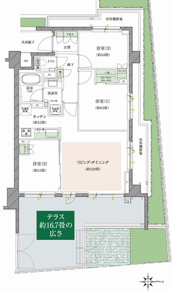 Building structure.  [3 face lighting ・ 3LDK angle dwelling unit with a terrace] (Terrace use fee required) Mg type ・ 3LDK+WIC Occupied area / 69.22 sq m terrace area / 27.12 sq m  Outdoor unit yard area / 15.09 sq m  ※ WIC = walk-in closet