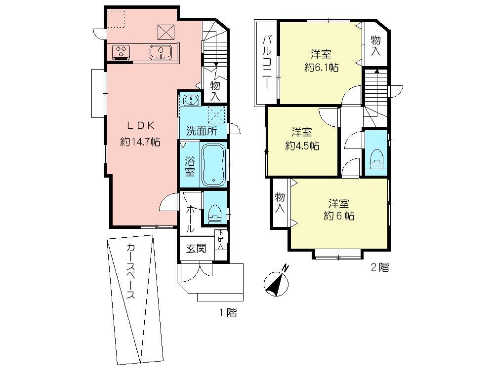 Floor plan. (1 Building), Price 44,300,000 yen, 3LDK, Land area 80.82 sq m , Building area 74.93 sq m