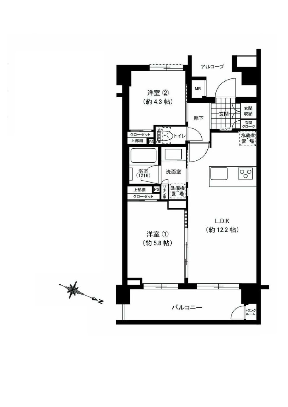 Floor plan. 2LDK, Price 36,800,000 yen, Occupied area 50.45 sq m , Balcony area 7.65 sq m