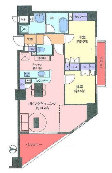 Floor plan. 2LDK, Price 27,900,000 yen, Occupied area 60.01 sq m , Balcony area 6.6 sq m