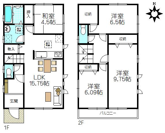 Floor plan. (Building 2), Price 62,800,000 yen, 4LDK, Land area 116.61 sq m , Building area 104.34 sq m