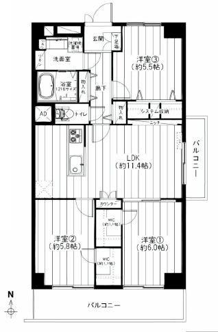 Floor plan. 3LDK, Price 29,900,000 yen, Occupied area 71.72 sq m , Balcony area 11.48 sq m