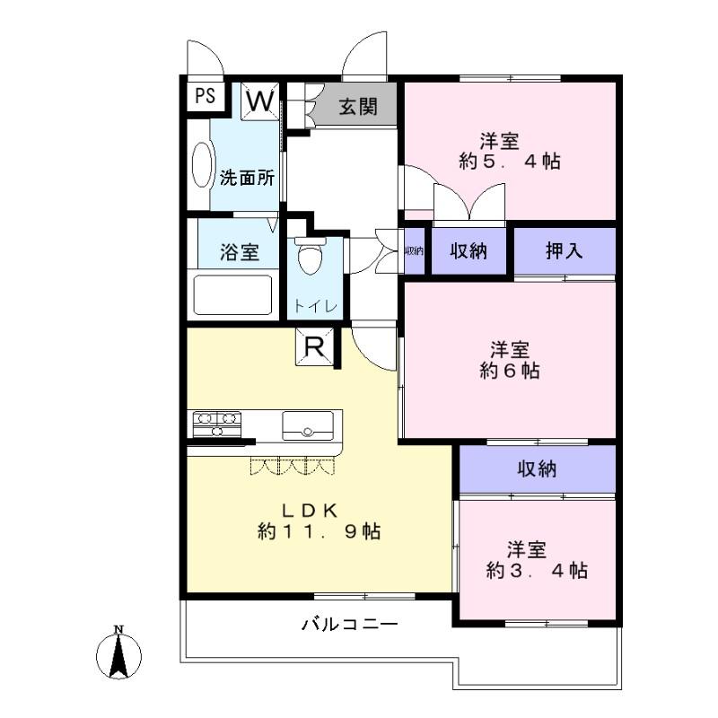 Floor plan. 3LDK, Price 38,800,000 yen, Occupied area 62.67 sq m , Balcony area 8.62 sq m