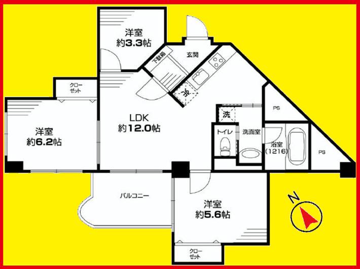 Floor plan. 3LDK, Price 24,900,000 yen, Occupied area 60.41 sq m , Balcony area 5.71 sq m