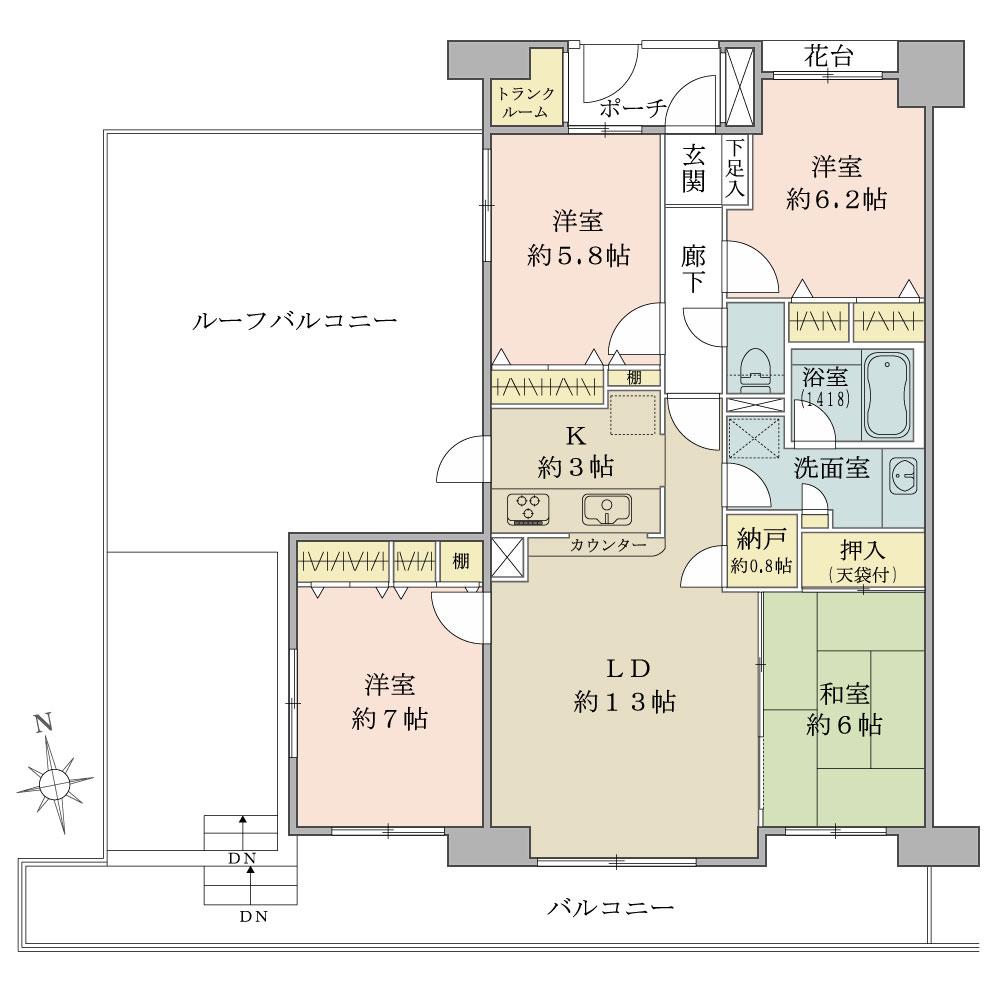 Floor plan. 4LDK, Price 59,800,000 yen, Occupied area 90.69 sq m , Balcony area 21.18 sq m