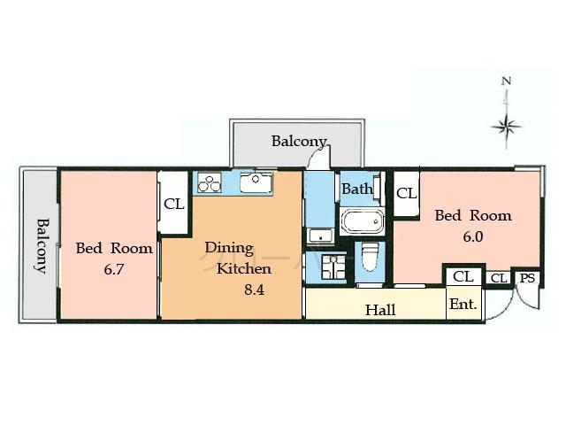 Floor plan. 2DK, Price 23.8 million yen, Occupied area 51.37 sq m , Balcony area 9.97 sq m Floor