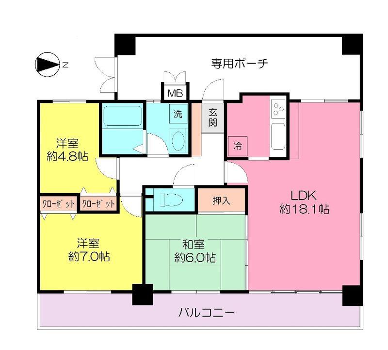 Floor plan. 3LDK, Price 30,800,000 yen, Occupied area 77.18 sq m , Balcony area 13.59 sq m Shakujii Park Mansion