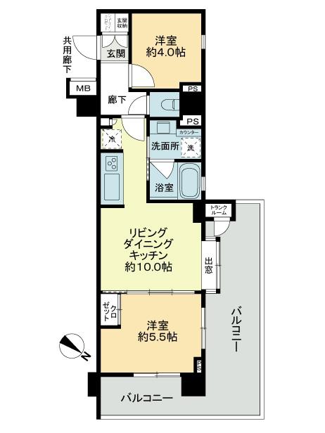 Floor plan. 2LDK, Price 30.5 million yen, Occupied area 45.14 sq m , Balcony area 19.6 sq m