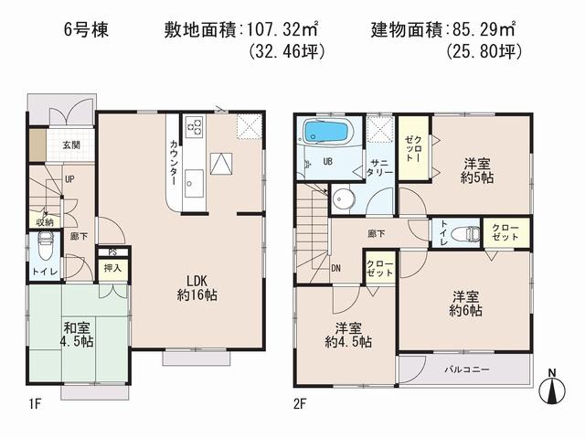Floor plan. (6 Building), Price 45,800,000 yen, 4LDK, Land area 107.32 sq m , Building area 85.29 sq m