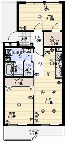 Floor plan. 2LDK, Price 23.8 million yen, Occupied area 59.77 sq m , Balcony area 6.71 sq m