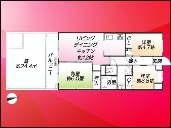 Floor plan. 2LDK + S (storeroom), Price 30,800,000 yen, Occupied area 62.04 sq m , Balcony area 6.72 sq m