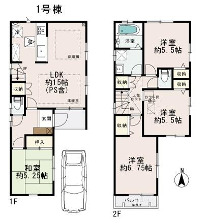 Floor plan. (1 Building), Price 47,800,000 yen, 4LDK, Land area 84.39 sq m , Building area 91.33 sq m