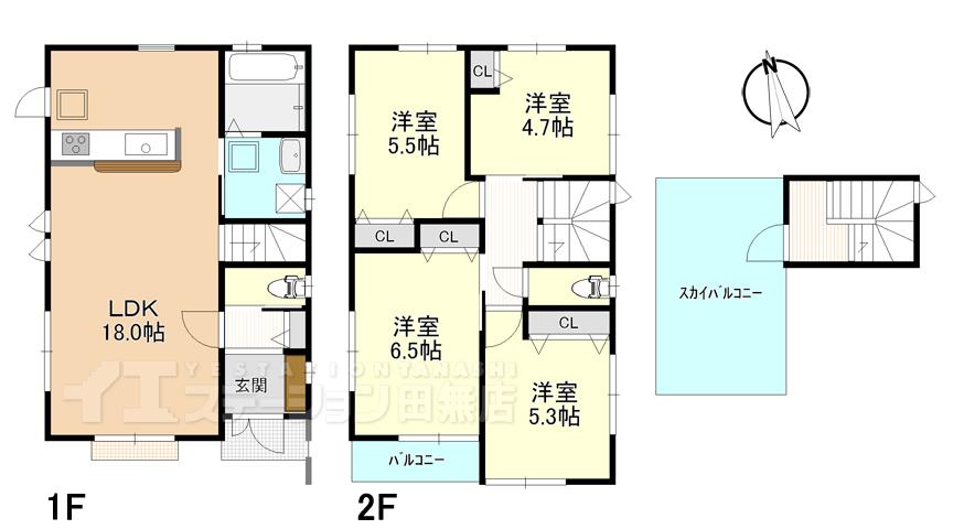Floor plan. 59,800,000 yen, 4LDK, Land area 85.43 sq m , Large 4LDK facing the building area 91 sq m south road. LDK18 Pledge, Sky balcony, etc., To live is a comfort up a notch. 