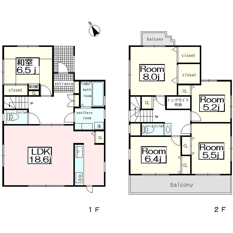 Floor plan. 65,800,000 yen, 5LDK, Land area 137.41 sq m , Two-story plan of building area 122.25 sq m 5LDK ・ Storage is abundant
