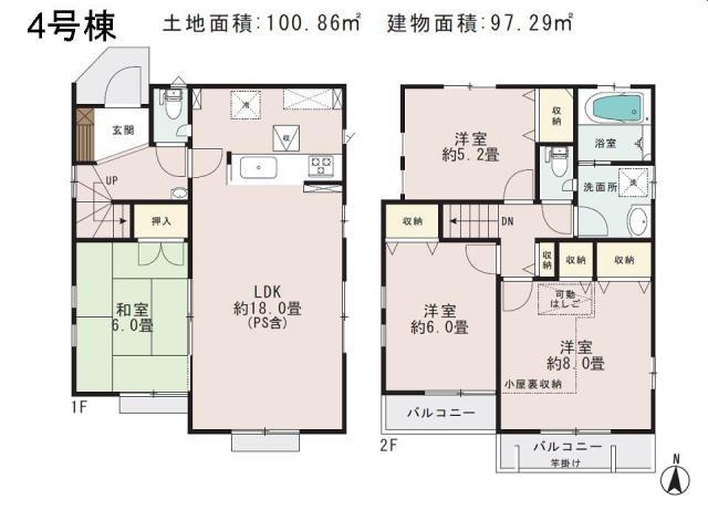 Floor plan. (4), Price 53,800,000 yen, 4LDK, Land area 100.86 sq m , Building area 97.29 sq m