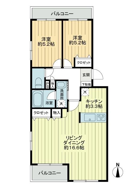Floor plan. 2LDK, Price 25,800,000 yen, Occupied area 62.15 sq m , Balcony area 8.34 sq m