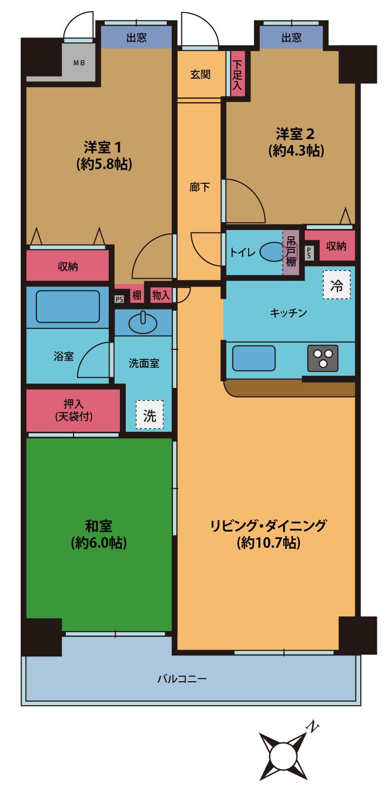 Floor plan. 3LDK, Price 35,300,000 yen, Occupied area 65.18 sq m , Balcony area 6.81 sq m