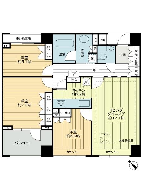 Floor plan. 3LDK, Price 46,800,000 yen, Occupied area 79.27 sq m , Balcony area 6.9 sq m floor plan