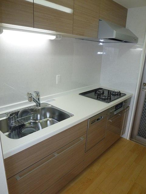 Kitchen. 3-burner stove in the kitchen. With dishwasher. Kitchen with a unified calm in woodgrain.