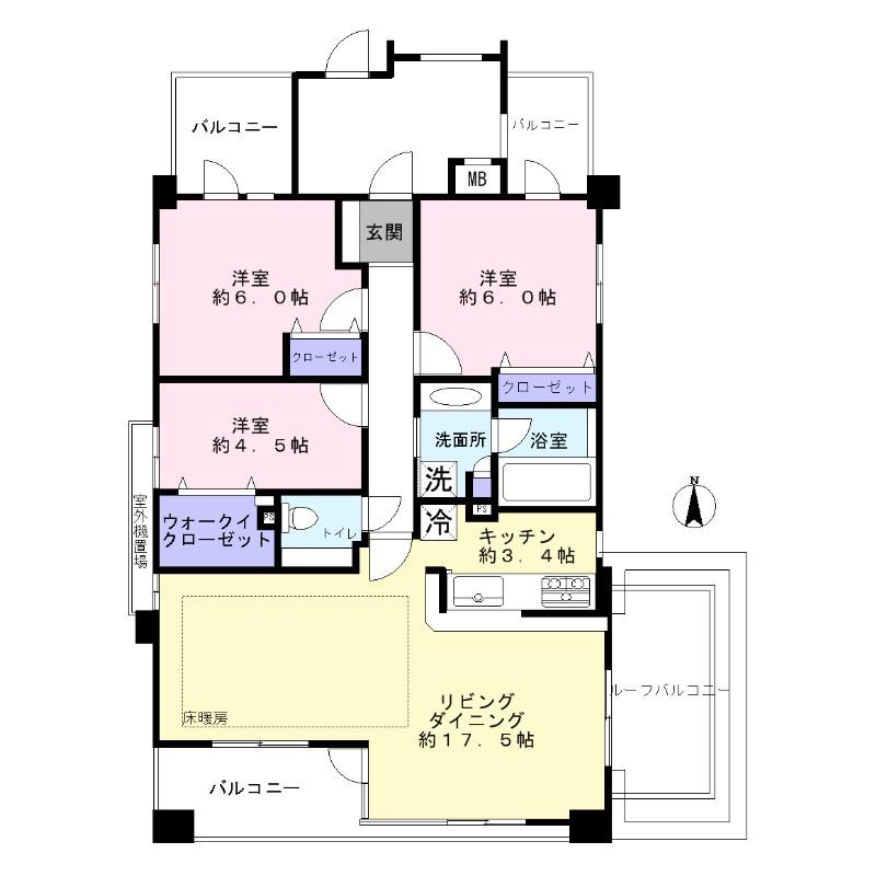 Floor plan. 3LDK, Price 58 million yen, Occupied area 80.36 sq m , Balcony area 19.85 sq m