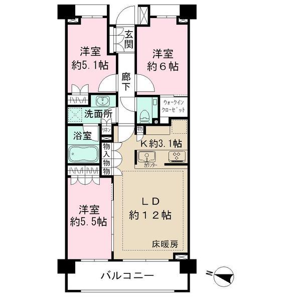 Floor plan. 3LDK, Price 57,800,000 yen, Footprint 70 sq m , Balcony area 8.7 sq m