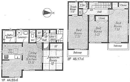 Floor plan. 45 million yen, 4LDK, Land area 94.49 sq m , Building area 90.72 sq m 4LDK