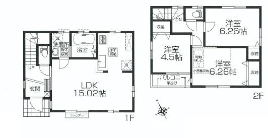 Floor plan. (1 Building), Price 44,800,000 yen, 3LDK, Land area 87.82 sq m , Building area 77.09 sq m